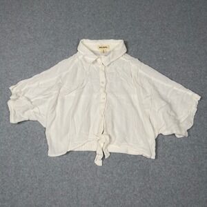 RAG POETS White Textured Cropped Button Up Shirt Dolman Sleeve Tie Front Size S